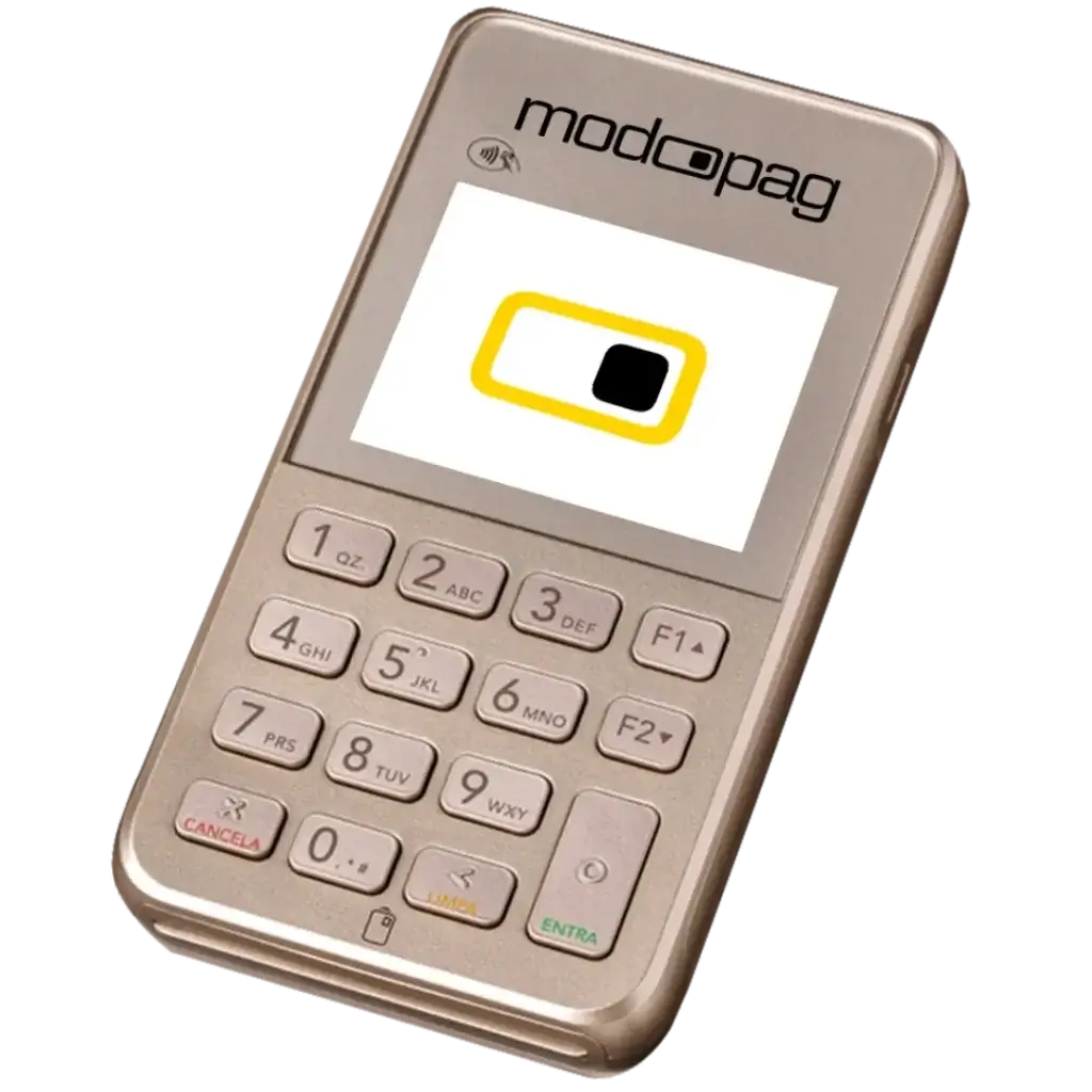 Foto da Modo Mini, maquininha compacta sem aluguel, com taxas baixas, suporte humanizado e parcelamento em até 18x.