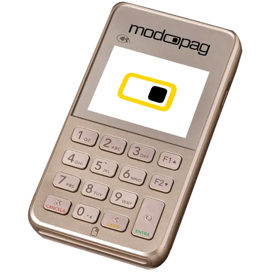 Foto da Modo Mini, maquininha compacta sem aluguel, com taxas baixas, suporte humanizado e parcelamento em até 18x.