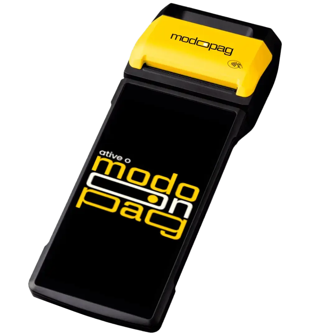 Imagem da Modo Smart, maquininha inteligente com menores taxas, garantia vitalícia, vendas em até 18x e recebimento na hora.