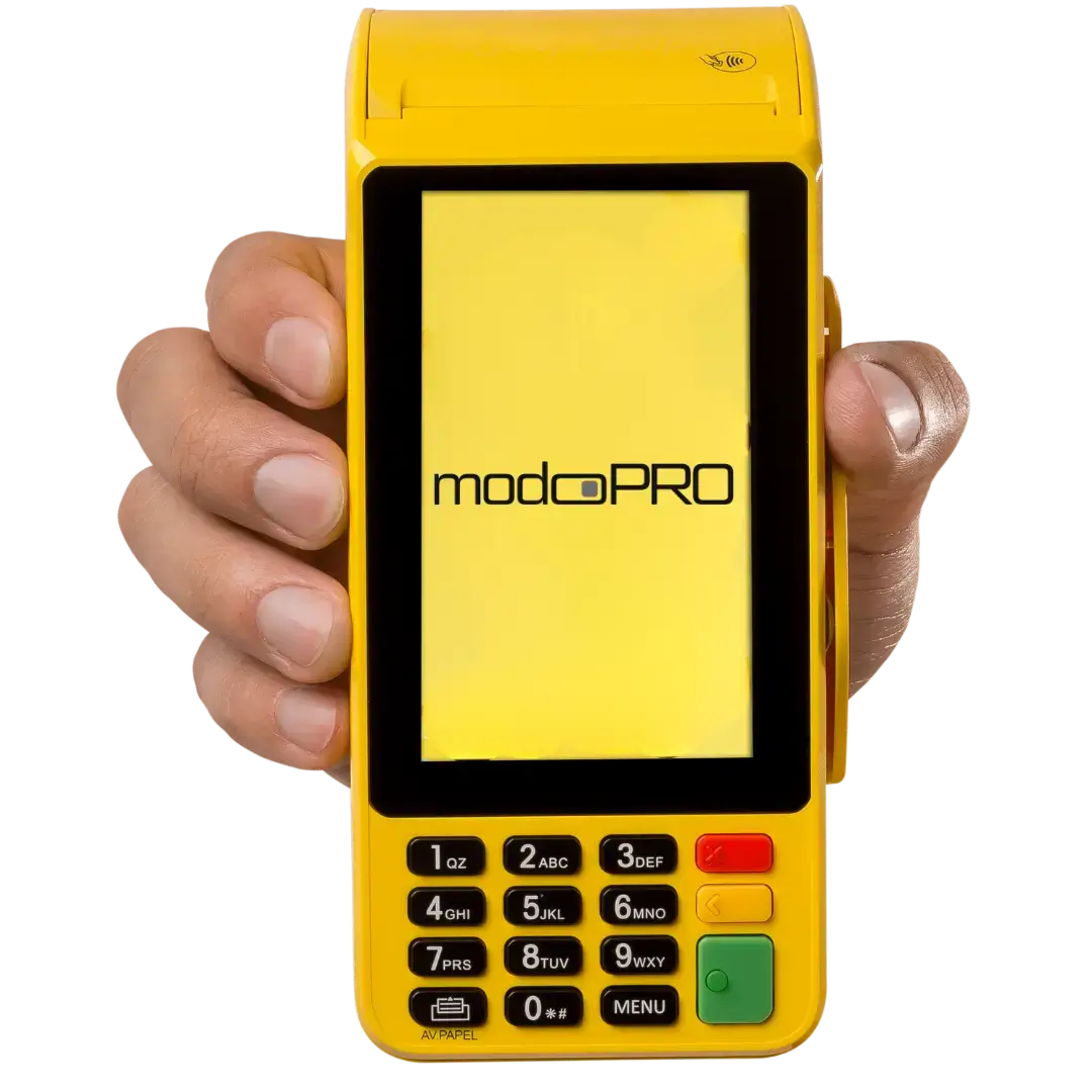 Imagem da maquininha modo PRO da modoPAG com tela touchscreen, conexão 4G, chip com internet, impressão de comprovante e conta digital