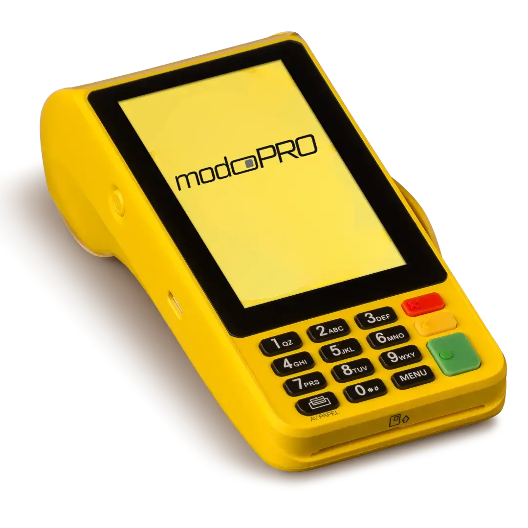 Foto da maquininha modo PRO da modoPAG sem mensalidade, com bateria de longa duração, 4G integrado, chip próprio e suporte humanizado