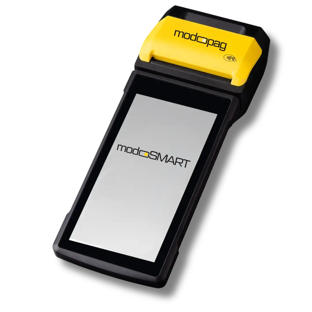 Foto da maquininha modo SMART da modoPAG portátil, com Wi-Fi integrado, chip próprio, frete grátis e suporte humanizado