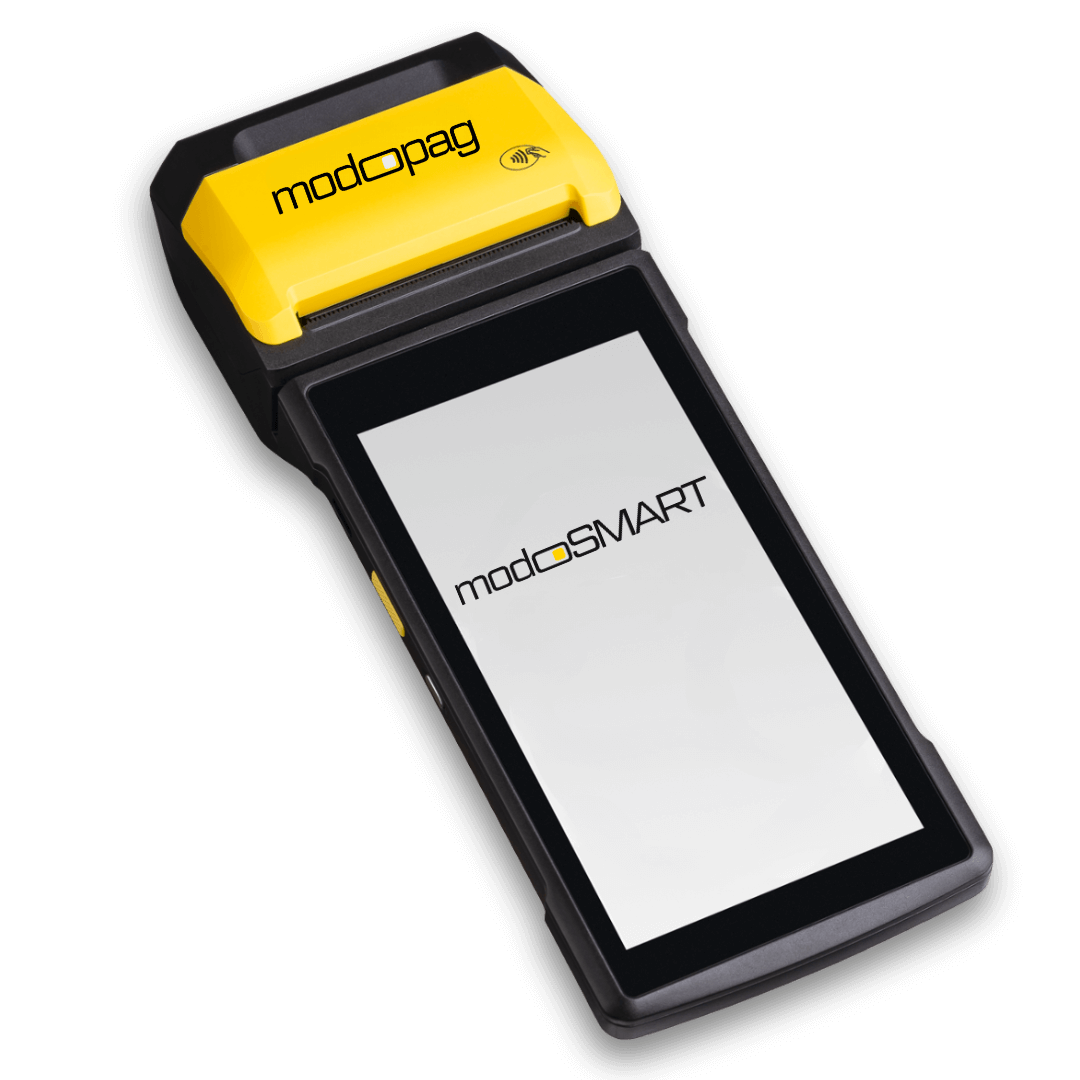 Imagem da maquininha modo SMART da modoPAG com conexão Wi-Fi, chip próprio com internet, design compacto e conta digital gratuita